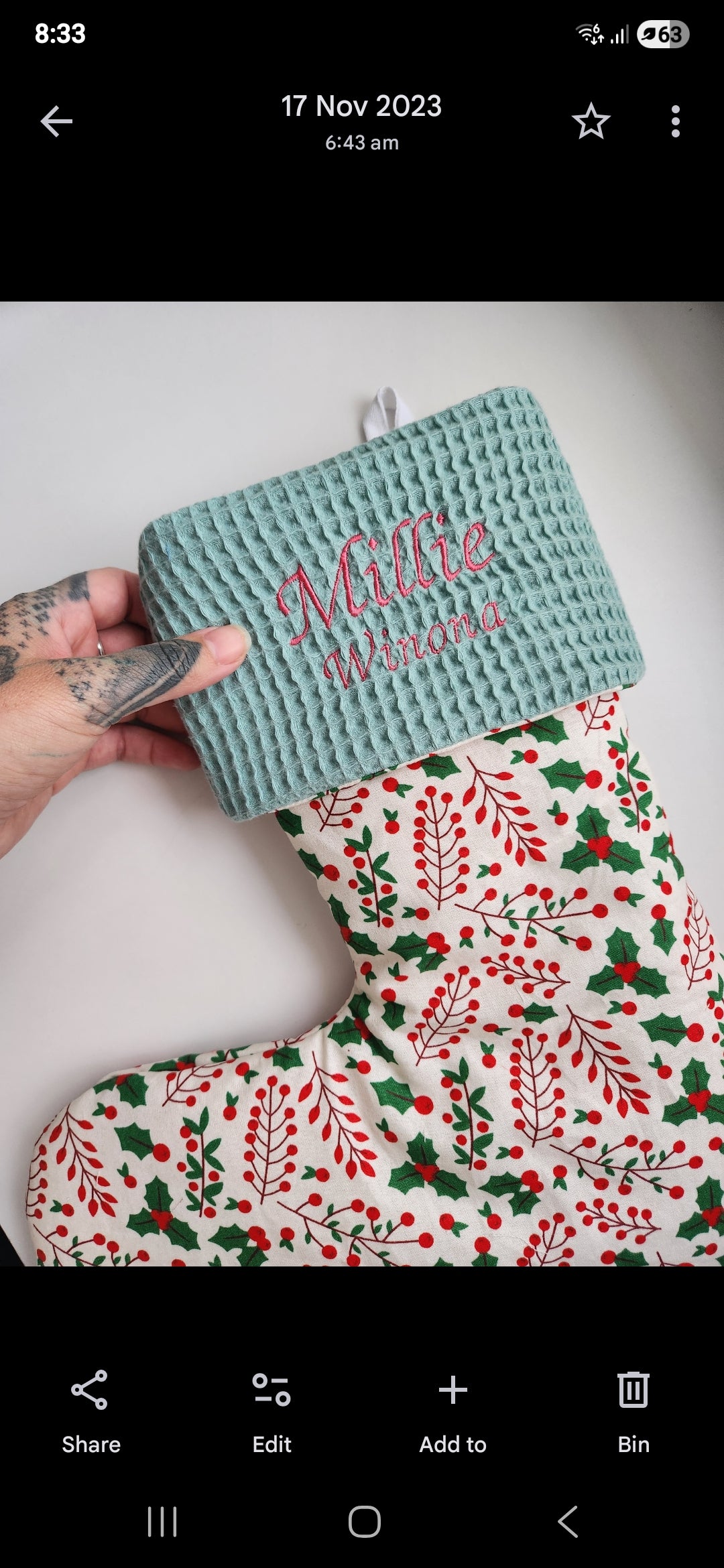 Holly christmas stocking